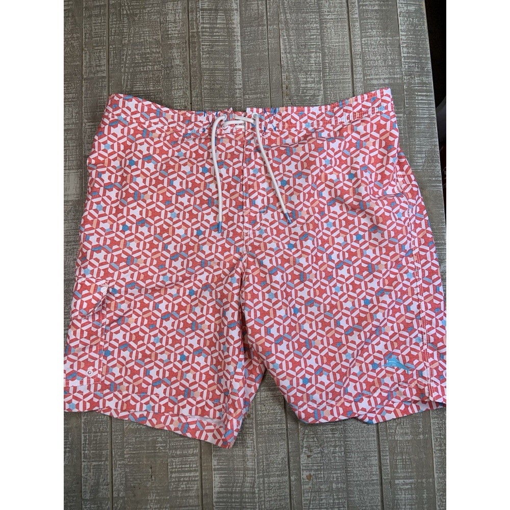 Tommy Bahama Swim Trunks Mens Size XL Orange Red Mosaic Print Cargo Board Shorts